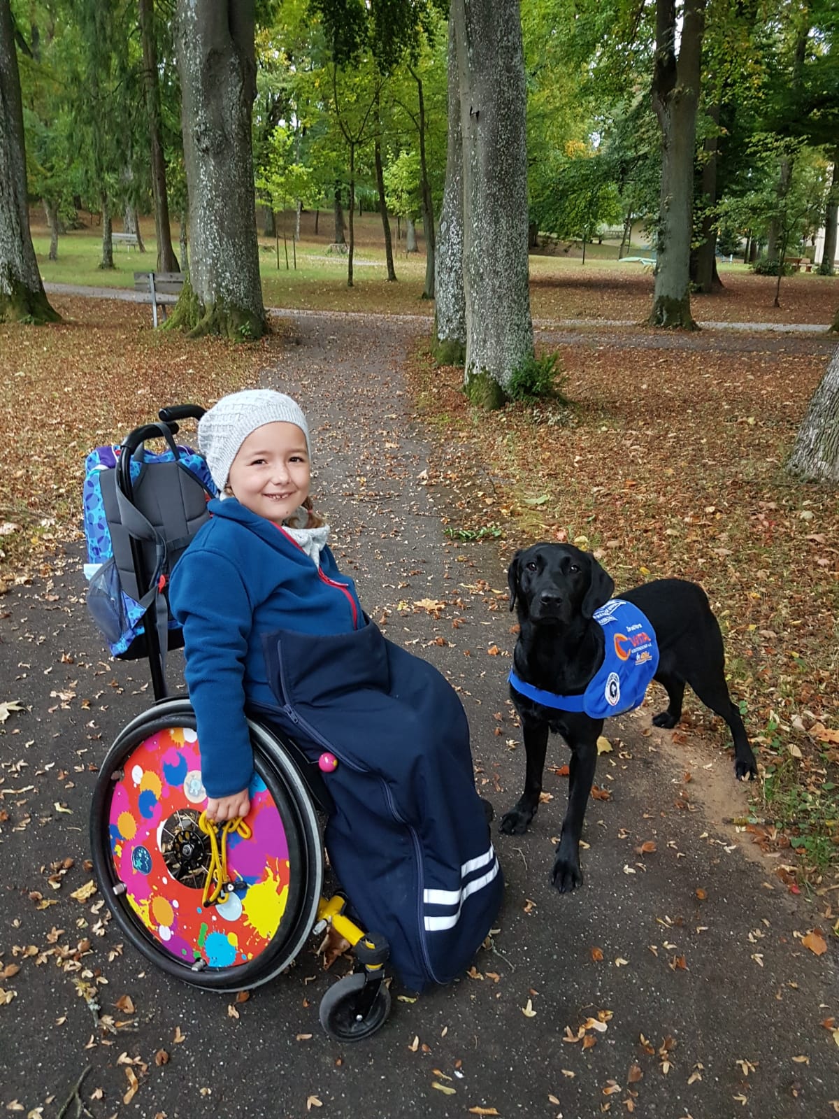 Kind im Rollstuhl mit Therapiehund, Foto Privat